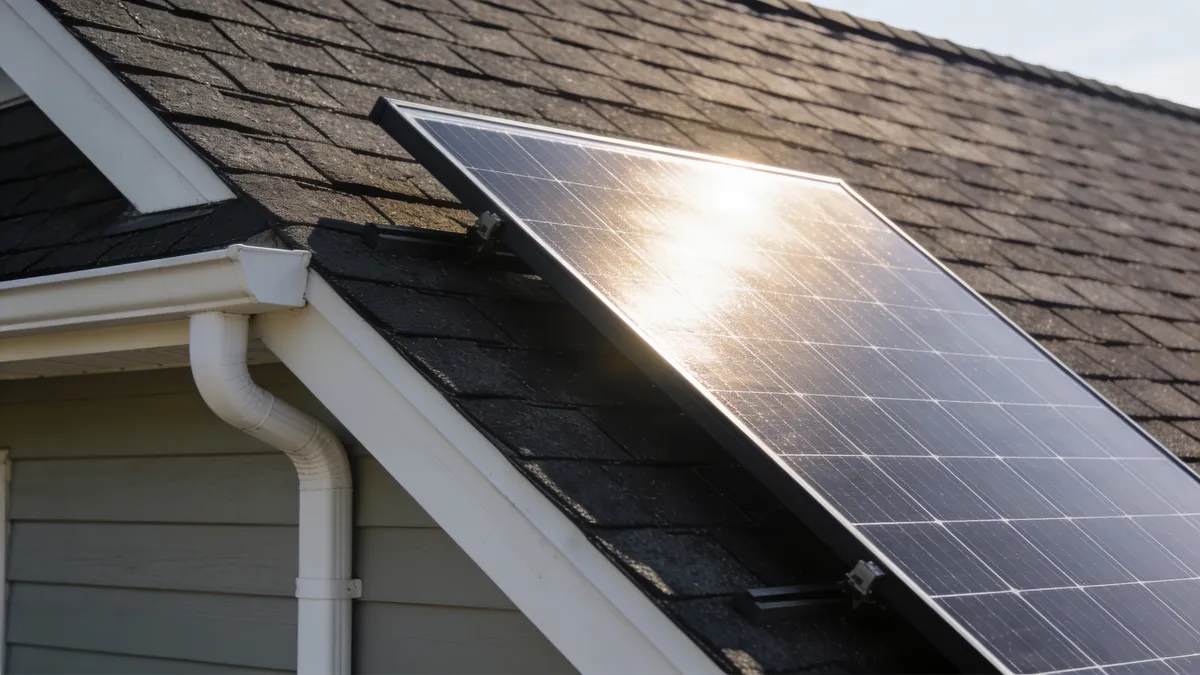Panneaux solaires dans la lumière de fin de journée sur le toit en tuiles d’une maison de Figeac